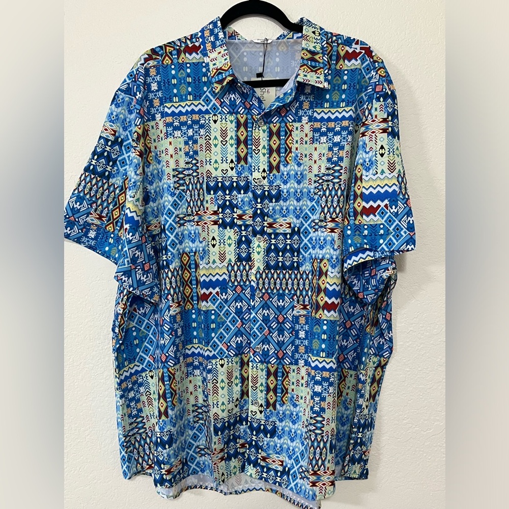NWT SheLucki Short Sleeve Button Up Blue Southwest Hawaiian Shirt Men’s 3XL XXXL